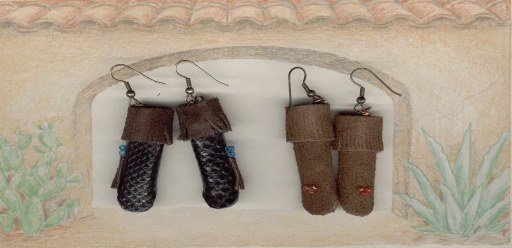 Snakeskin, lizard and suede moccasin earrings. Snakeskin and lizard when supplies are available, and in limited colors.